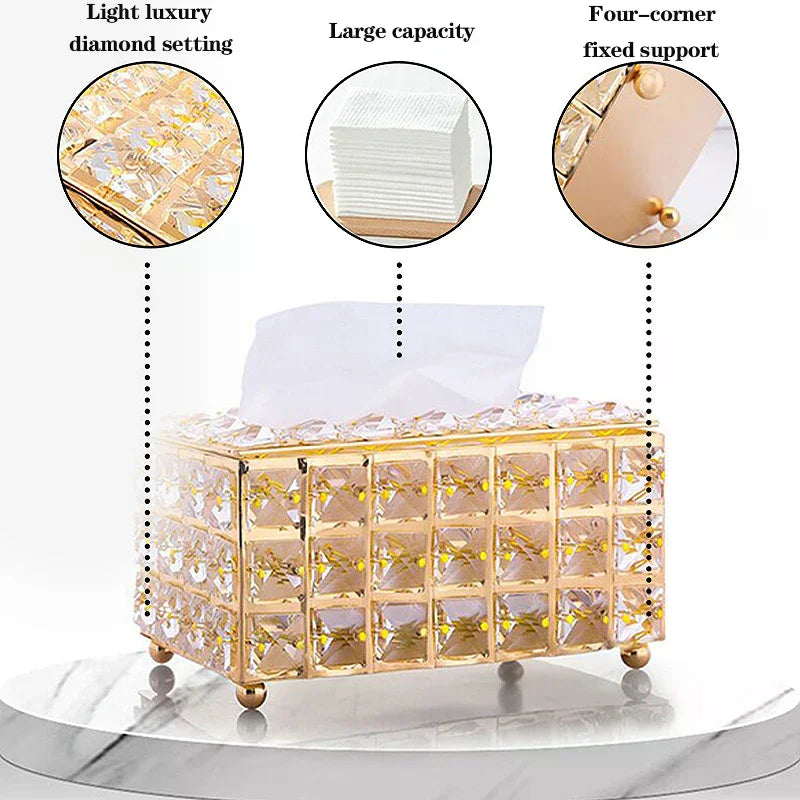 boîte mouchoirs rectangulaire or clair transparent diamants luxueux petits pieds dorés mouchoirs blancs