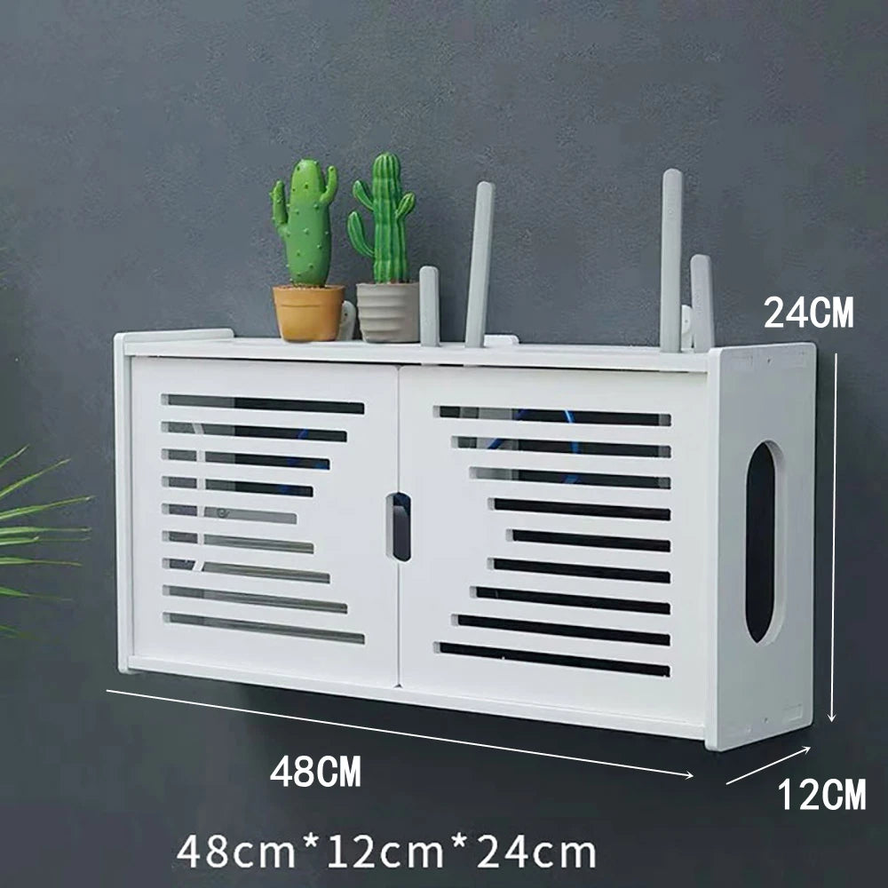 meuble rangement mural blanc bambou prises électriques étagères cable wifi