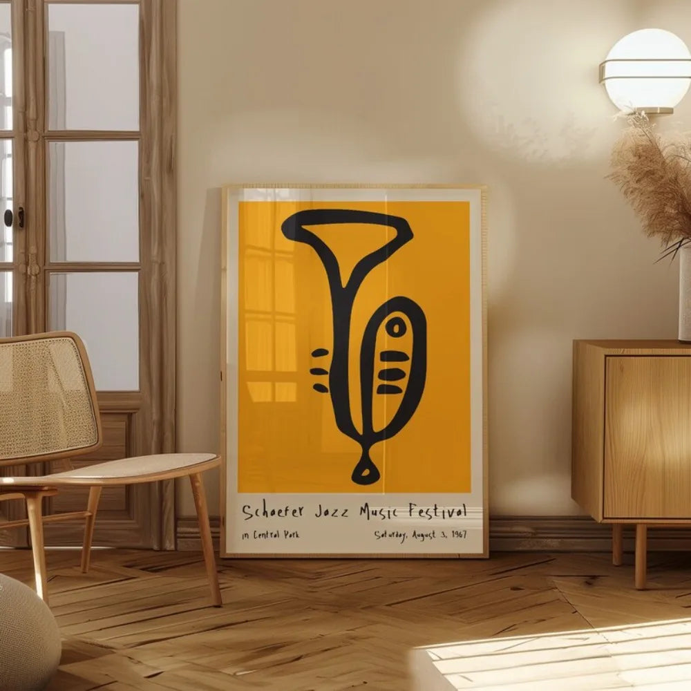affiche abstraite jazz festival moderne minimaliste jaune noir encre imperméable toile rectangle vertical