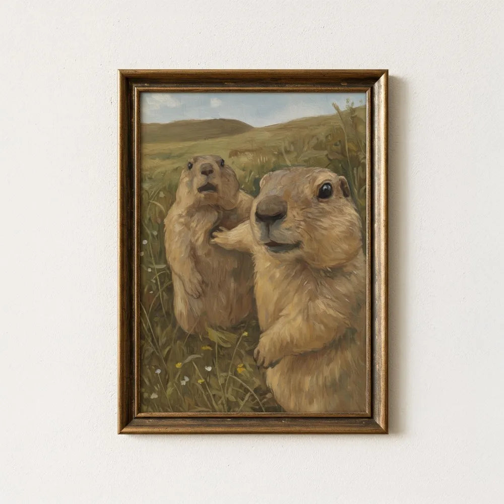 tableau illustration marmottes paysage champêtre moderne toile encadrement doré