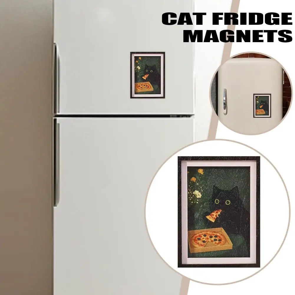aimant réfrigérateur chat noir pizza fond vert moderne