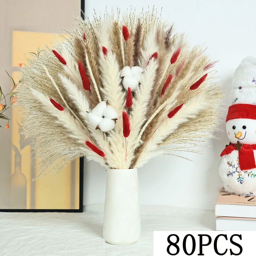 Bouquet fleurs séchées pampas blanche rouge décoration maison anniversaire boho festive