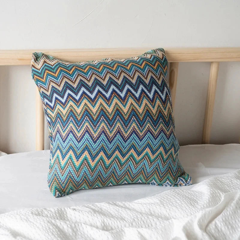 coussin carré zigzag multicolore ethnique polyester coton décoration intérieure chaise fixations oreillettes