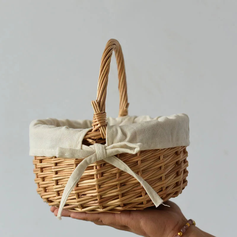 panier osier tressé tissu beige ruban fruits camping extérieur respectueux environnement multifonctionnel américain rustic