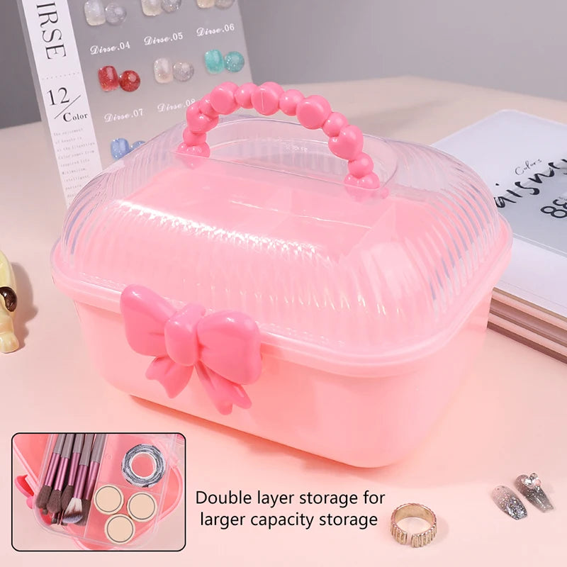 boîte rangement cosmétiques transparente rose violette pratique mignonne poignée poudre compacte brosse maquillage ruban
