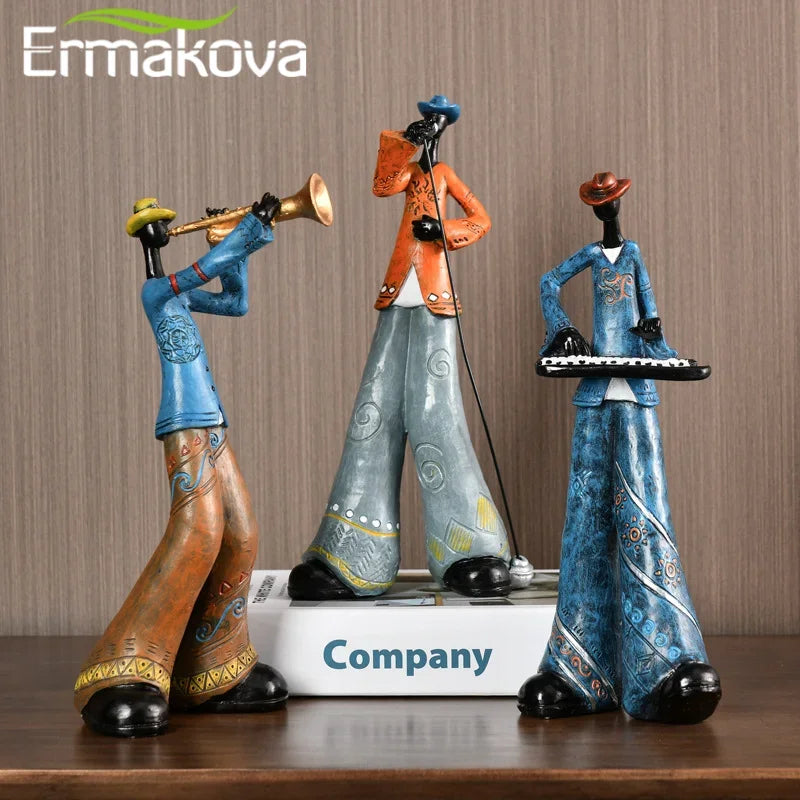 statues musiciens résine trompette saxophone chanteur clavier violoncelle ethnique artisanal décoration maison salon