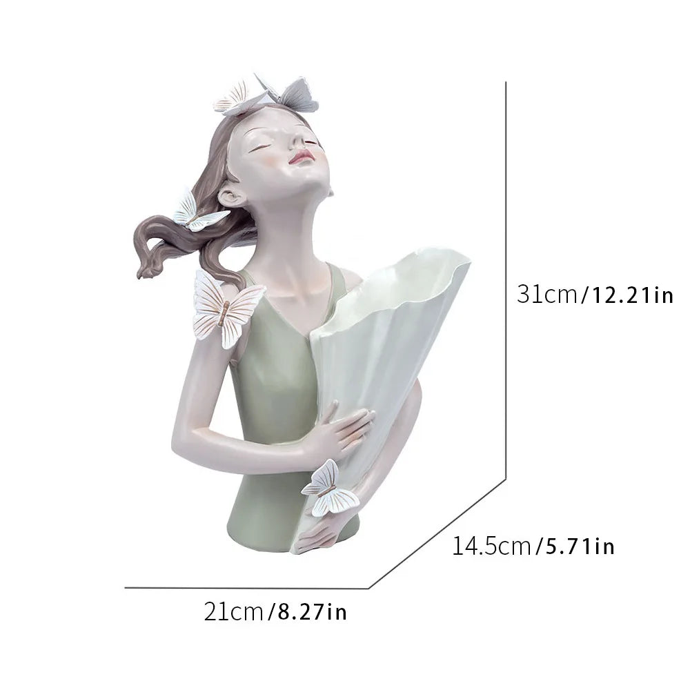 statue décorative moderne résine beige rose vert gris texture mat détails sculptés bouquet artificiellements