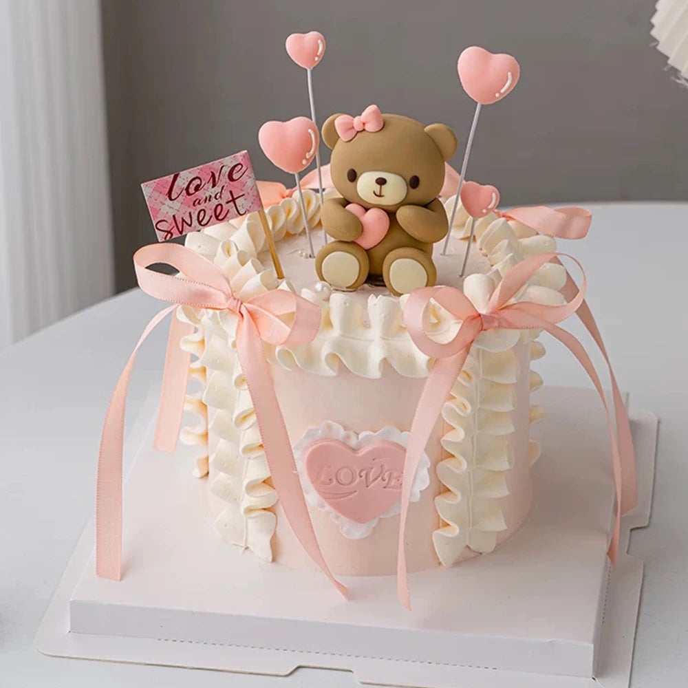 figurines nounours mignons lettres baby coeurs rubans decoration enfantine anniversaire rose blanc opaques