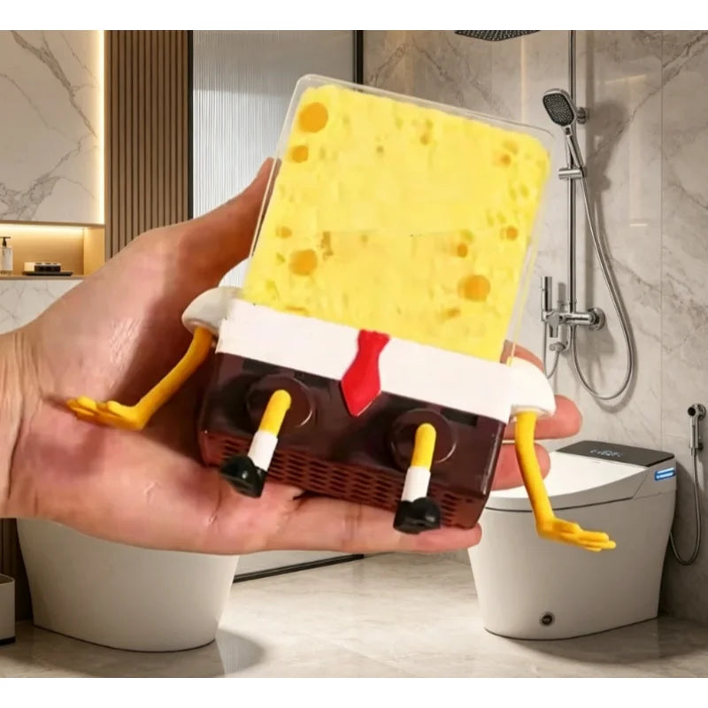rangement spongebob blanc marron foncé jaune rouge alvéolé transparent enfantin évier brosse vaisselle