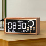Réveil vintage en bois massif avec radio FM et charge sans fil - Horloge murale LED pour chambre