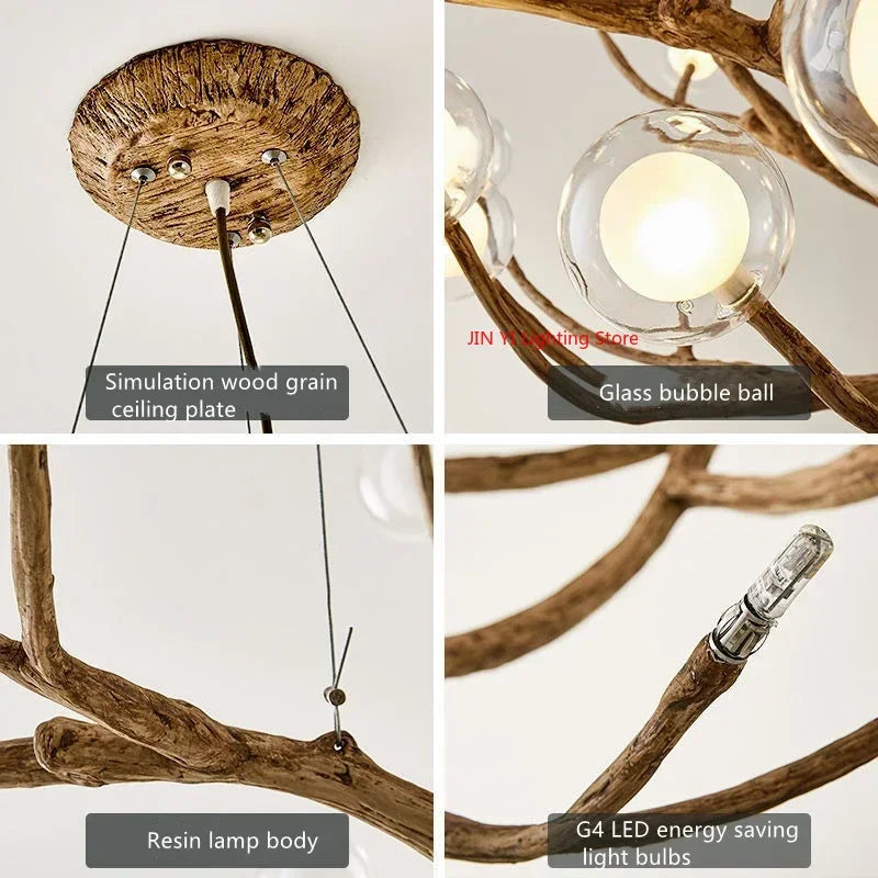 Suspension lumineuse moderne dorée branches naturelles translucides ampoules led g4