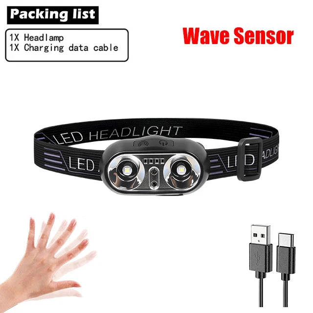 lampe frontale led noir orange rayures indicateur charge ceinture ajustable
