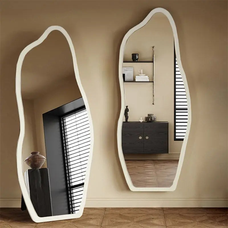 miroir moderne blanc noir ovale complet étagères intégrées pieds salon chambre