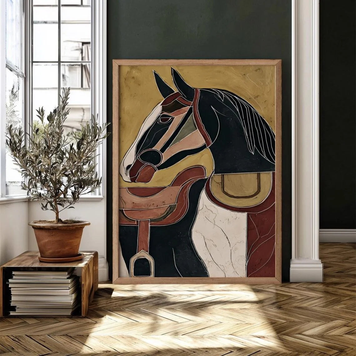 affiche moderne minimaliste abstraite géométrique rouge noire blanche chevaux opalescente 20x30cm 30x40cm 40x50cm