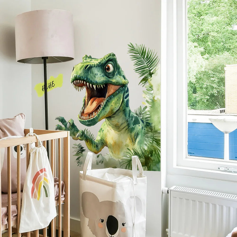 autocollant mural dinosaure dessin animé feuilles vert jaune blanc chambre enfants décoration maison adhesive
