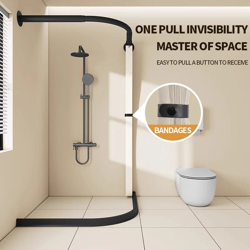 barre douche d'angle rideau moderne noir pliable carreaux texturés salle bain minimaliste