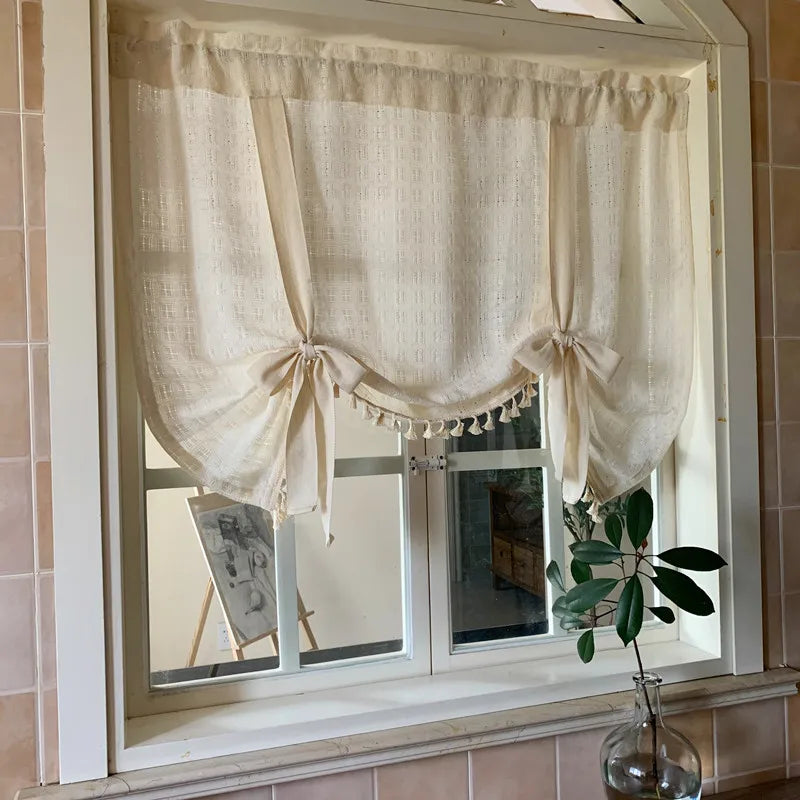 rideau lin beige classique rustique cuisine tirer opacité double face pastille
