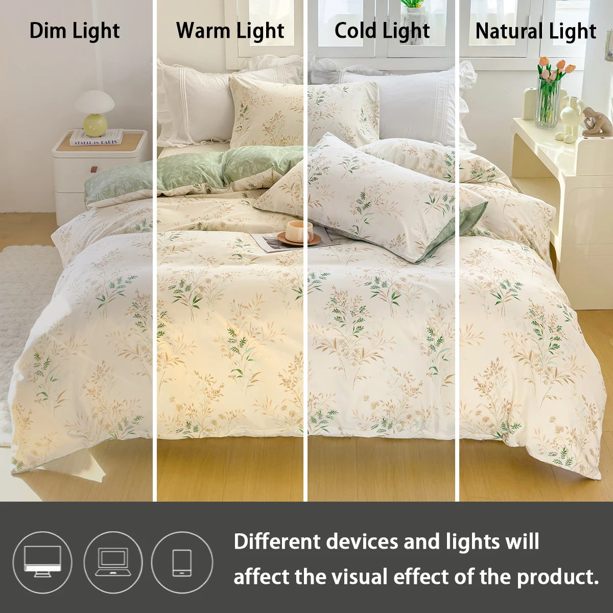 housse couette floral tissu texturé blanc cassé vert or ensemble lit doux naturel taies