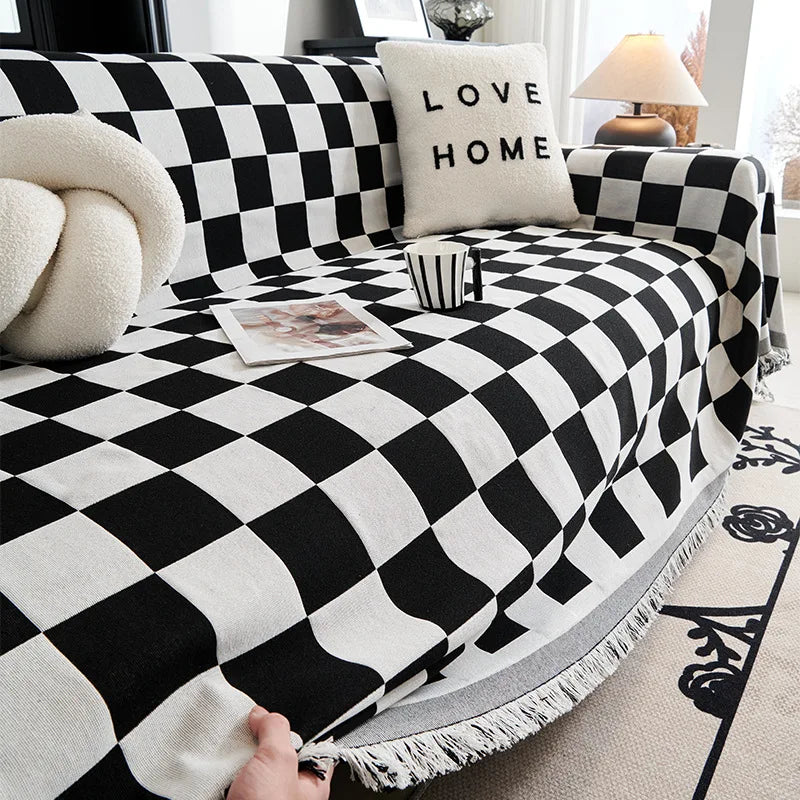 housse canapé moderne carreaux géométriques noir blanc vert olive coton polyester extérieur accueil