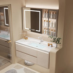 meuble salle bain moderne évier tiroirs beige clair miroir lumineux tapis motifs cosmétiques dorés