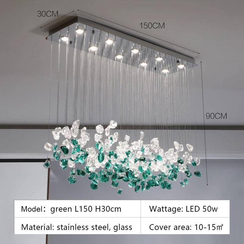 suspension lumineuse moderne gouttes cristal transparent verte ambrée 100cm 120cm 150cm