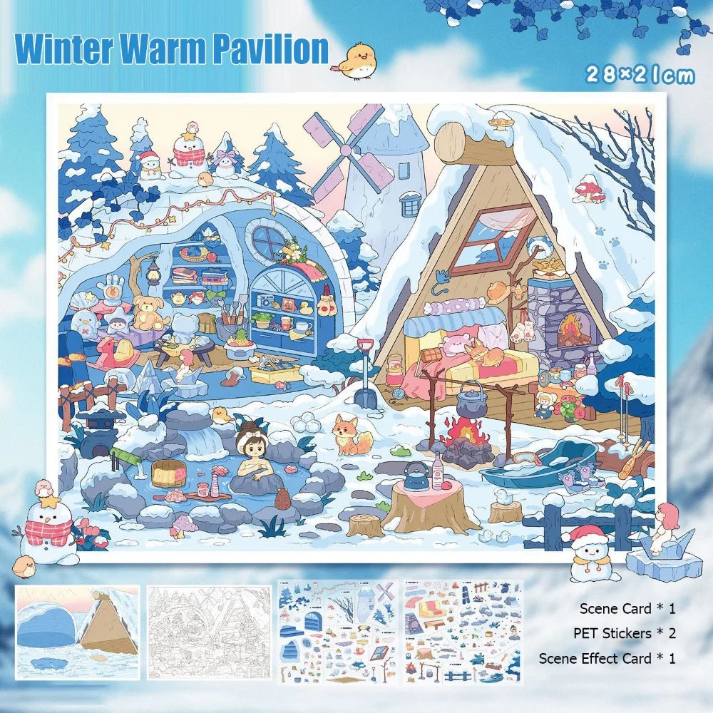 autocollants 3d diy scènes saisonnières printemps été automne hiver illustrées cartes scènes stickers