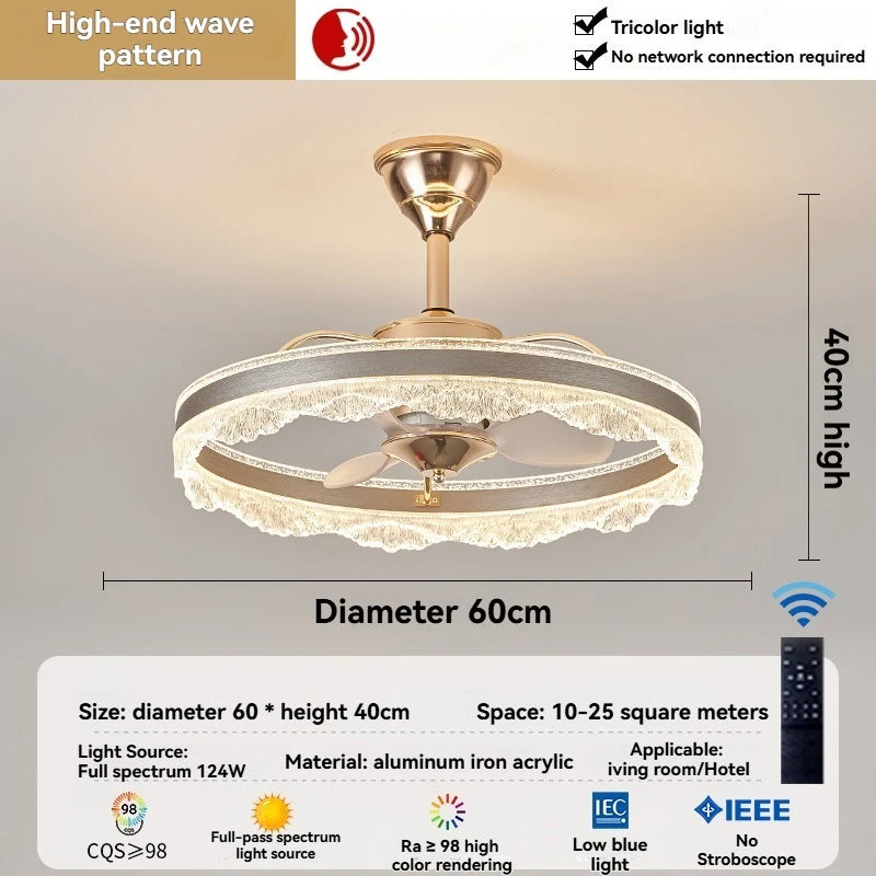 ventilateur moderne doré lampe led tri couleur télécommande blanc translucide strass élégant fixation