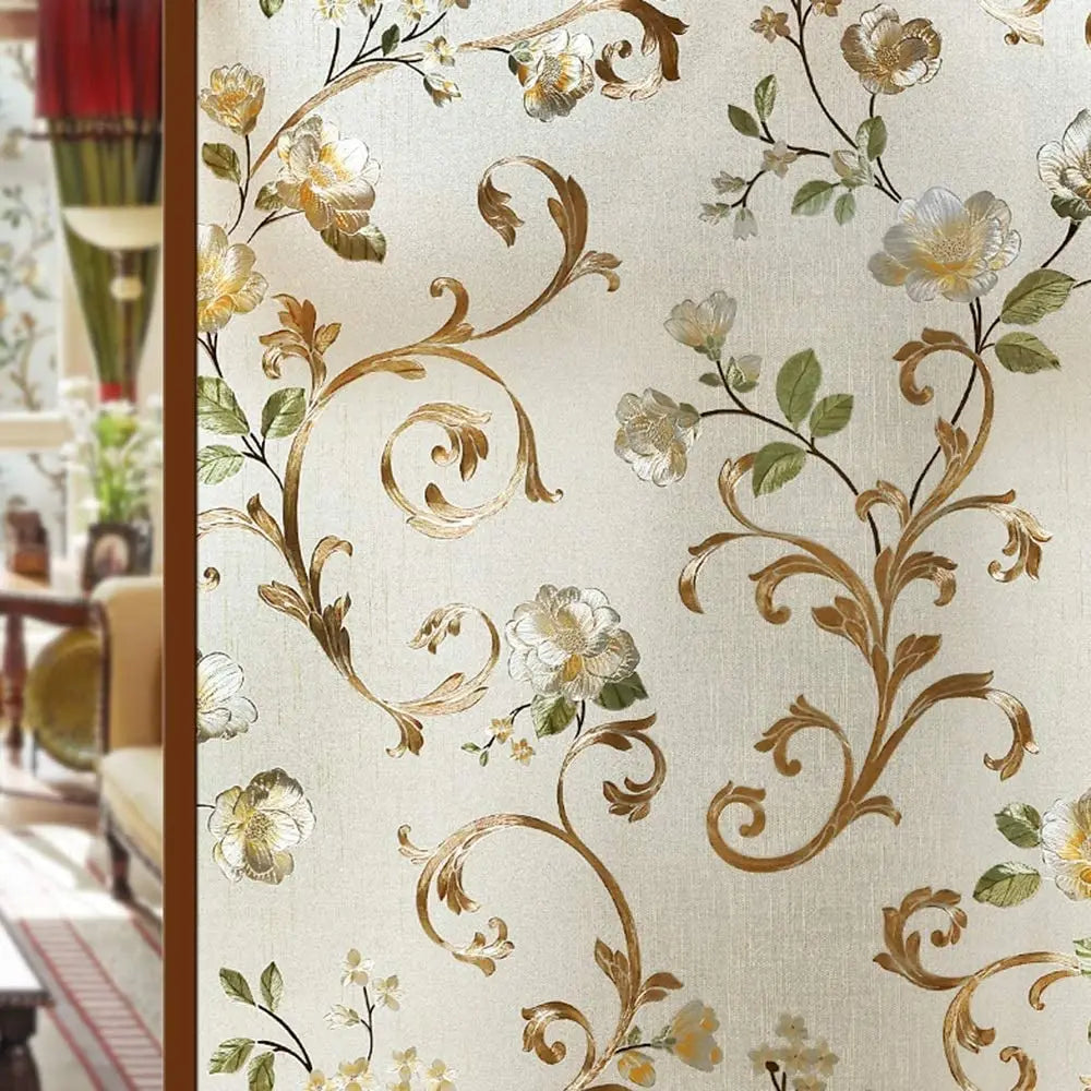 film décoratif floral opaque fenêtres beige doré vert motifs nature adhésif isolation uv protection