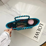 sac main plastique tissé géométrique polyvalent femme moderne noir blanc jaune bleu turquoise poches
