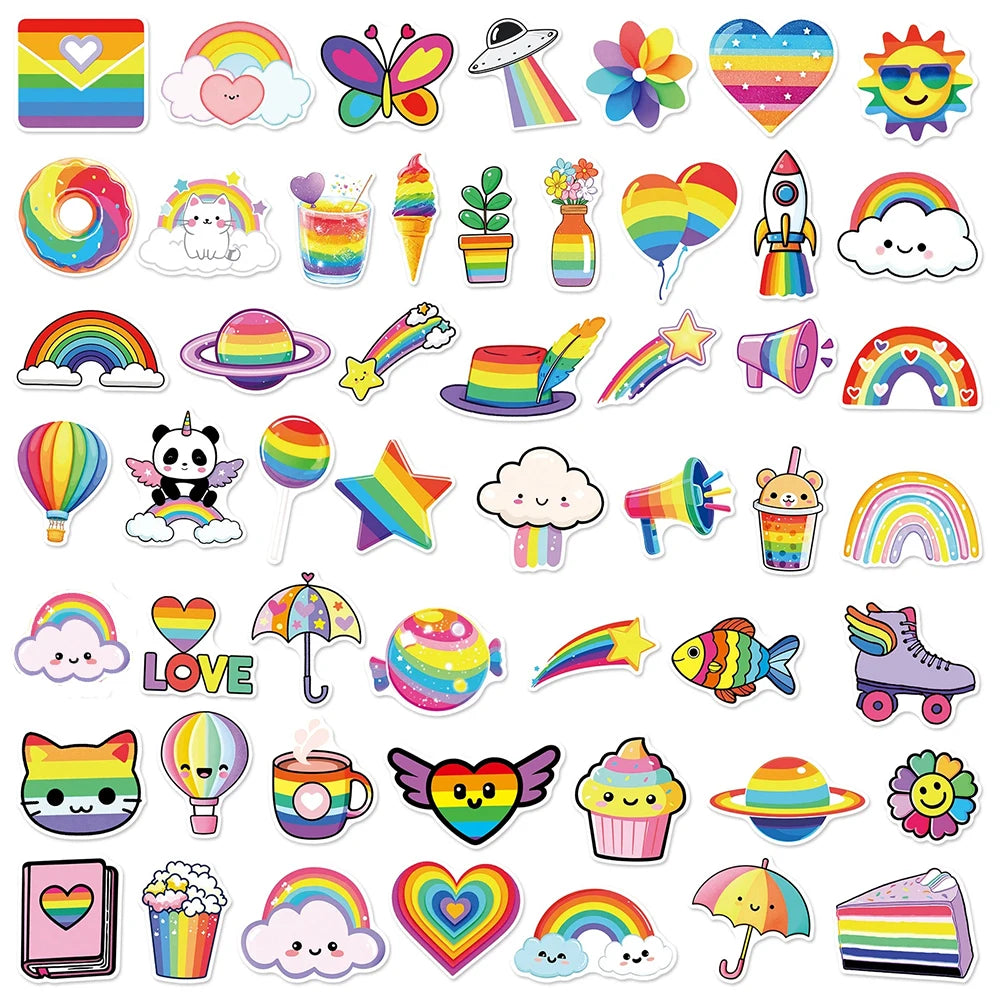 sticker mignon dessin animé arc ciel multicolore coeur nuage papillon 30pcs