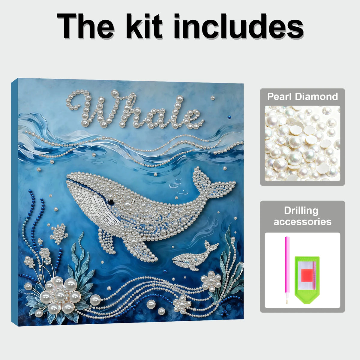 kit peinture points tableau décoratif baleine océan fleurs bleu blanc beige