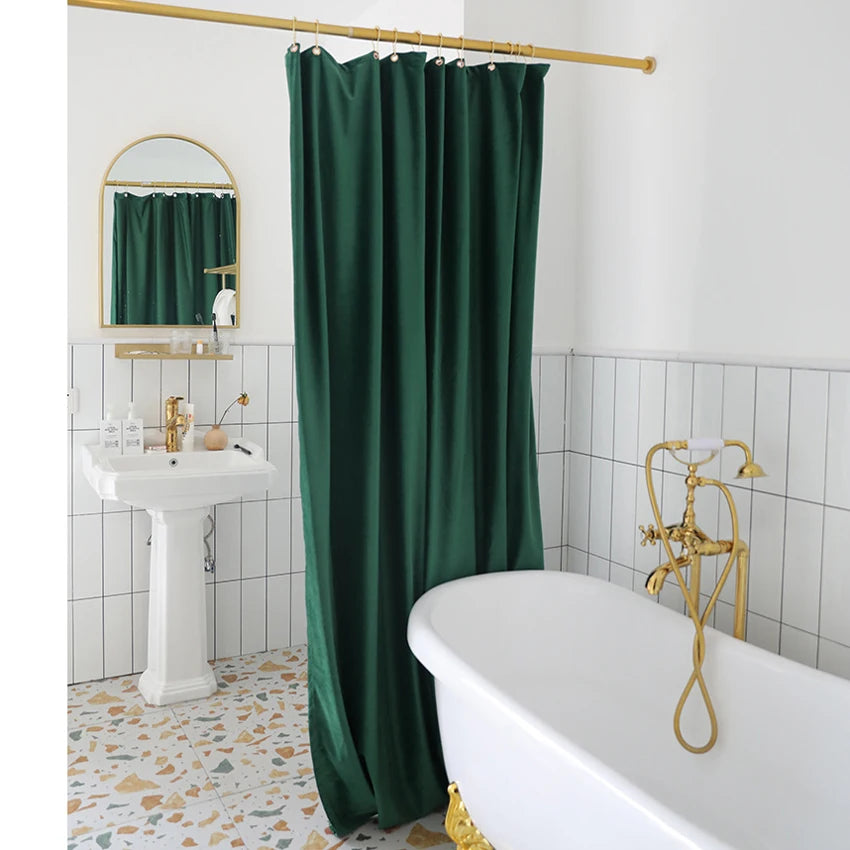 rideau douche moderne uni vert foncé gris marron rose pâle opaque anneaux métalliques double