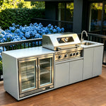 cuisine exterieure inoxydable blanc moderne evier grille cuisson portes vitrees respectueux environnement fonctionnelle