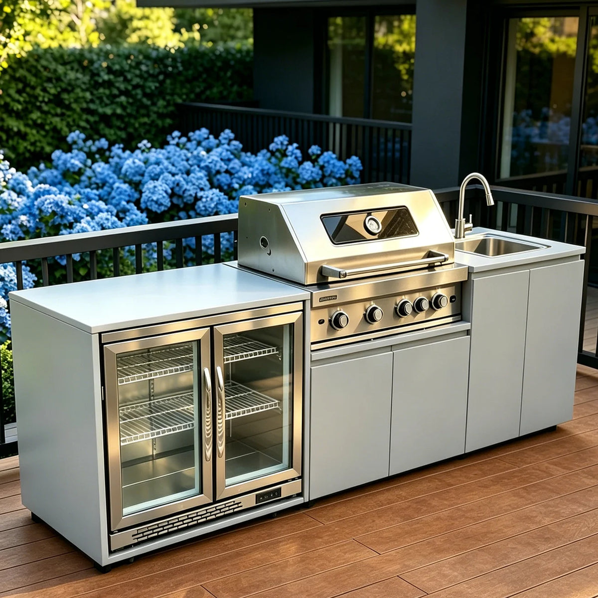 cuisine exterieure inoxydable blanc moderne evier grille cuisson portes vitrees respectueux environnement fonctionnelle
