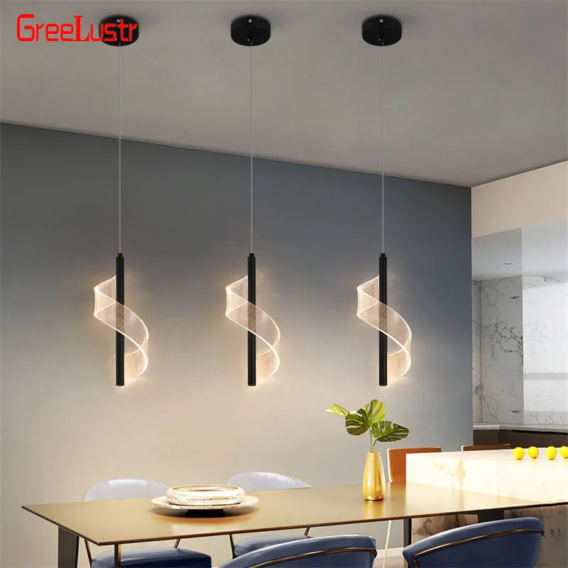 lampe suspendue moderne spirale acrylique translucide noir plaque éclairage chambre restaurant led