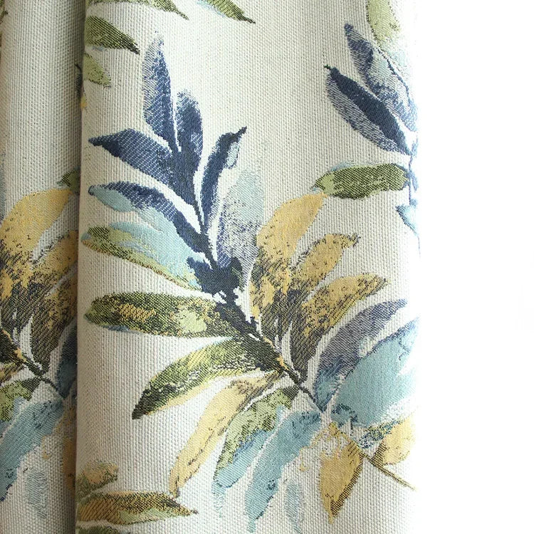 rideau classique feuilles stylisées beige bleu vert jaune opacité plissé général salon chambre