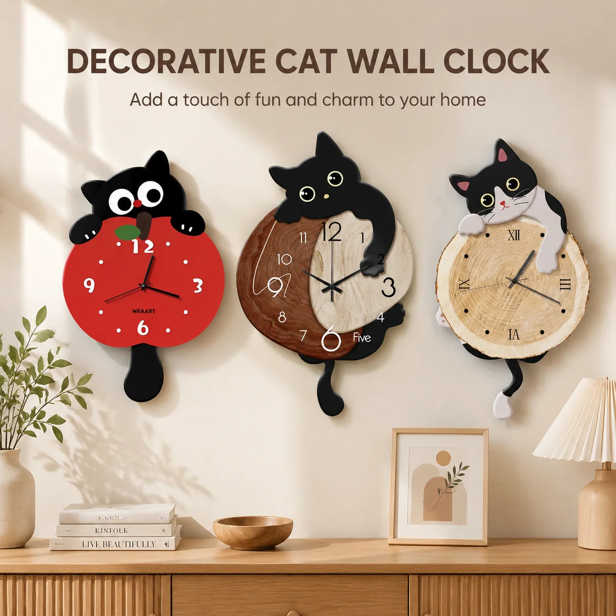 horloge murale chat dessin animé balançoire silencieuse salon chambre aiguille rouge noir moderne