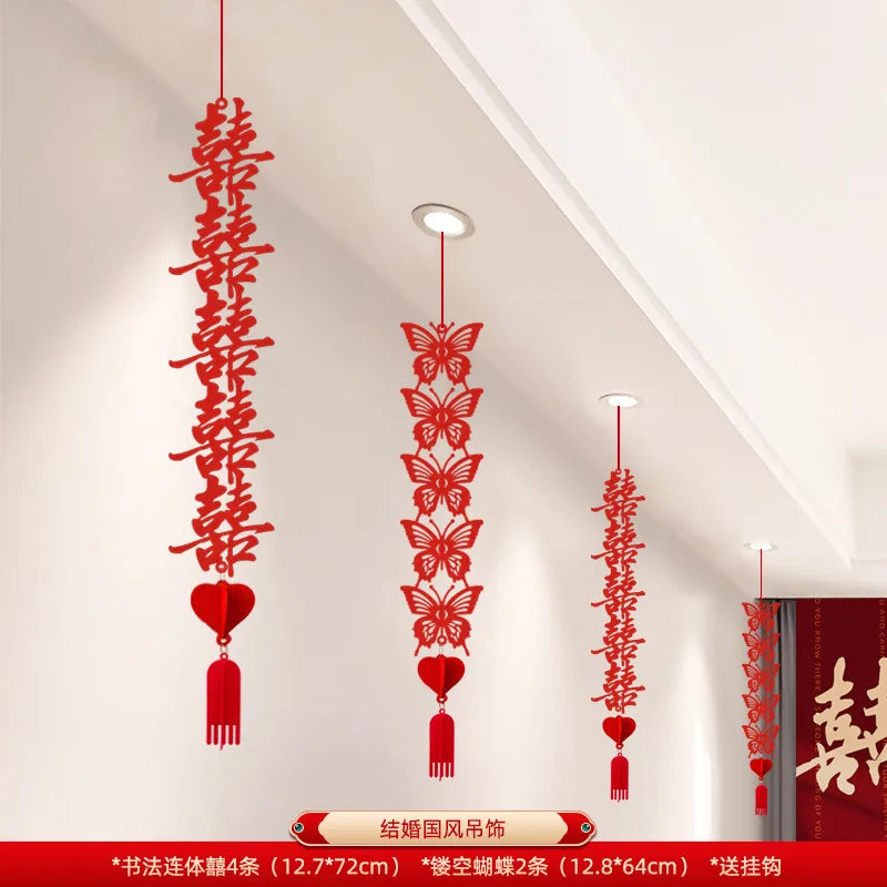 décoration murale mariage papillons coeurs caractères chinois rubans artisanal traditionnel rouge