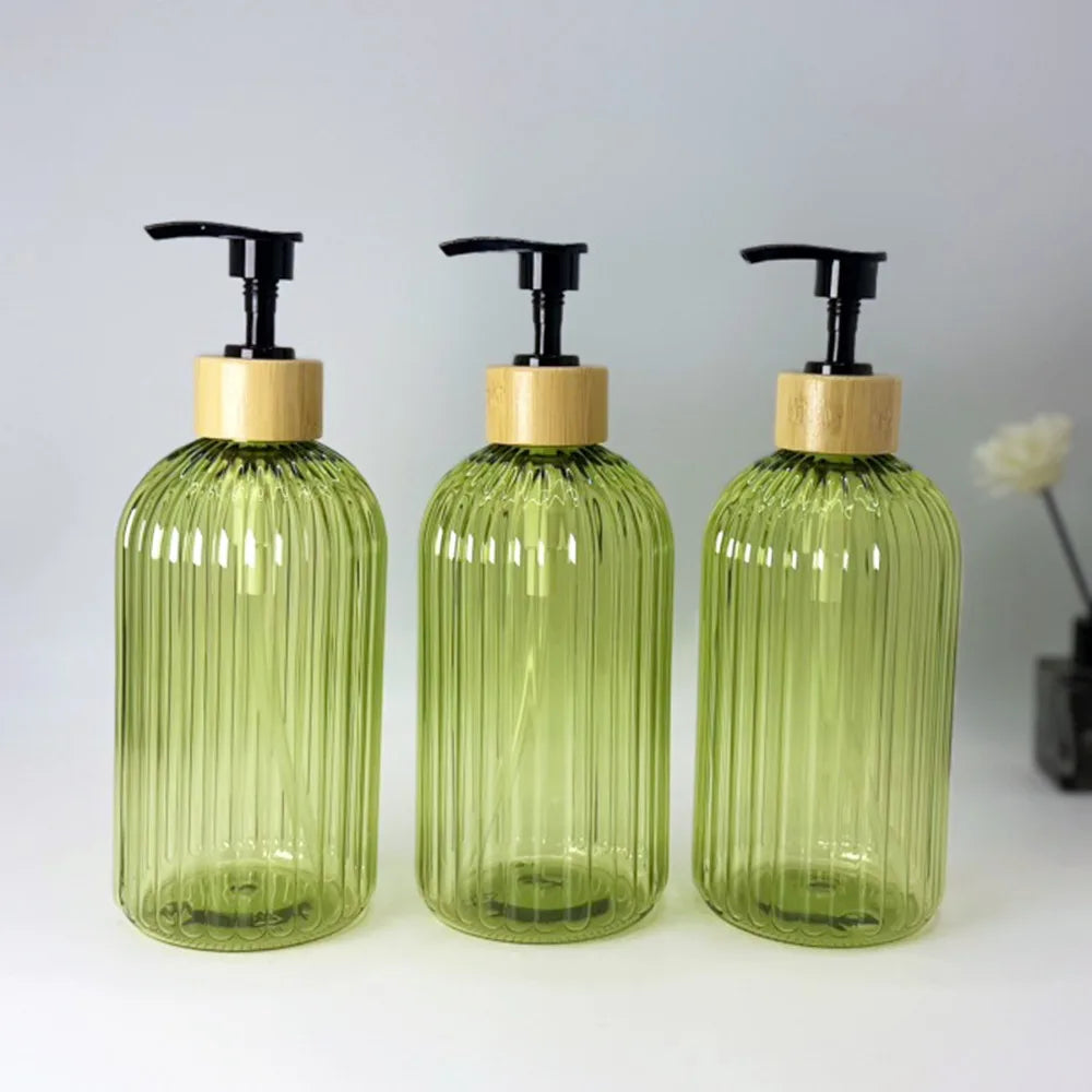 flacons savon liquide 500ml noir transparent vert olive marron rayures moderne pompe bois