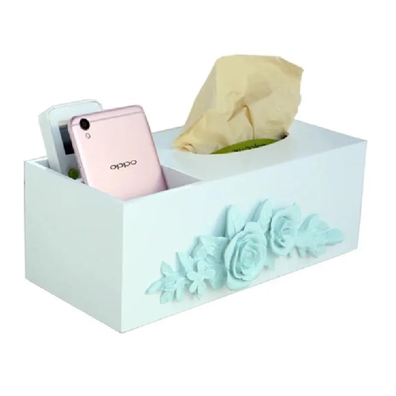boîte rangement multifonctionnelle bois moderne blanc rose bleu compartiment téléphone mouchoirs fleurs relief respectueux