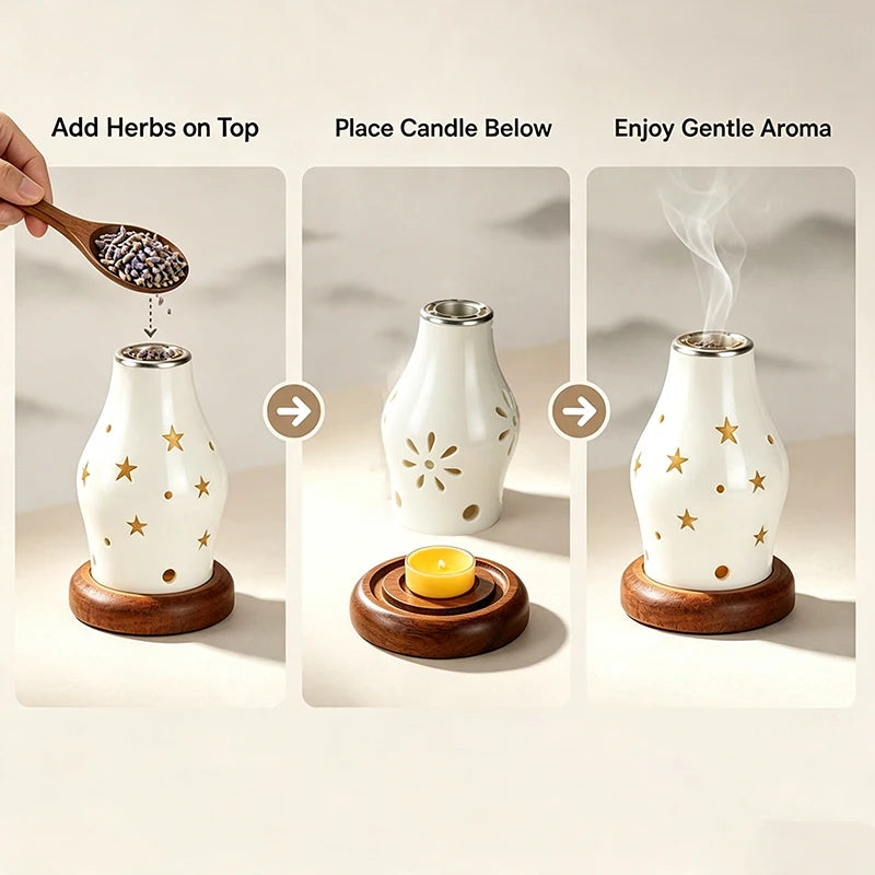 support bougie céramique étoiles motifs floraux base bois blanc moderne zen aromathérapieDecoration