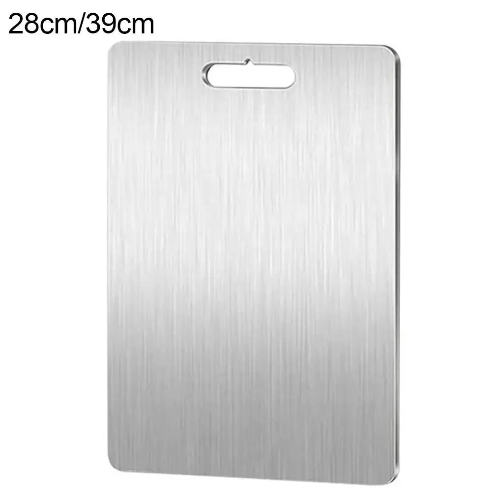 planche découper acier inoxydable texture brossée poignées moderne cuisine qualité alimentaire double face 28cm