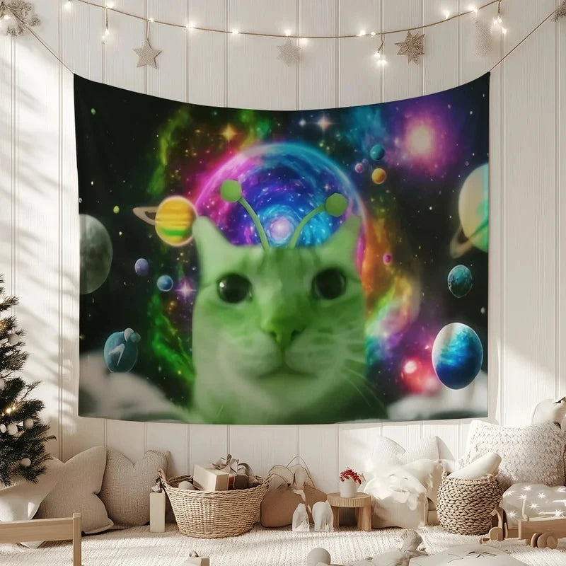 tapisserie murale chat espace vert motif galactique décoration chambre salon moderne humour tissu polyester
