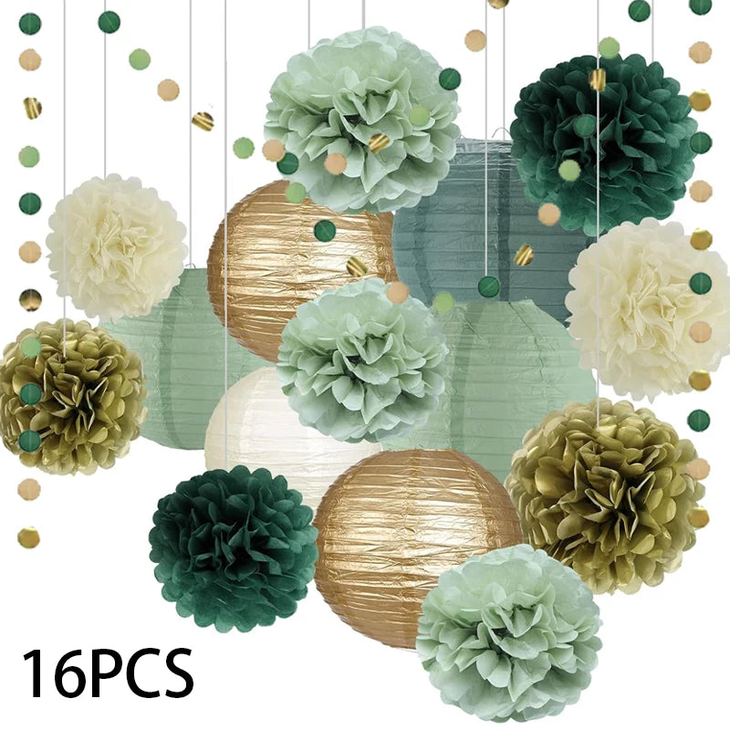 décoration fête anniversaire mariage pompons lanternes papier plissé vert beige blanc festive