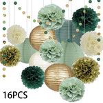 décoration fête anniversaire mariage pompons lanternes papier plissé vert beige blanc festive