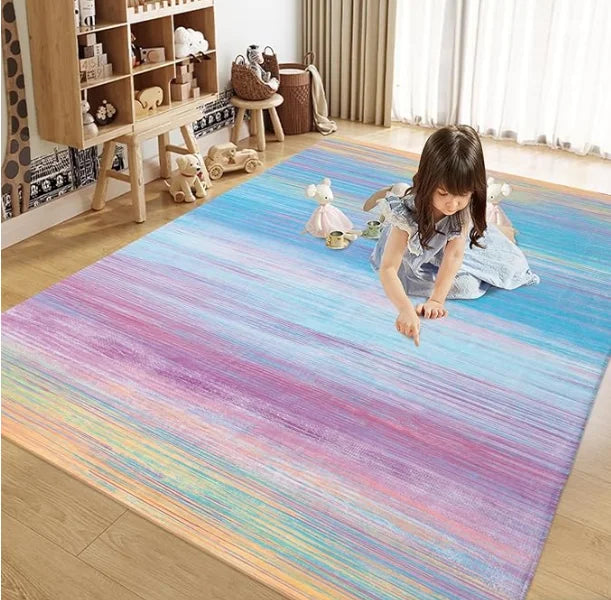 tapis multicolore moderne rayures floraux polyester antidérapant salon chambre bleu rose