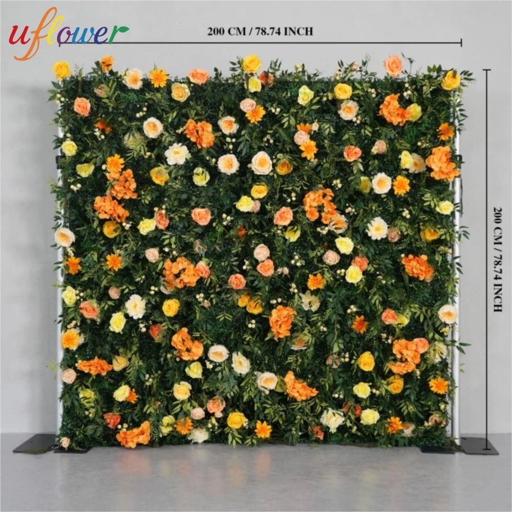 panneau floral décoration événementiel intérieur vert orange roses feuilles texturées fixations charnières événements decoration