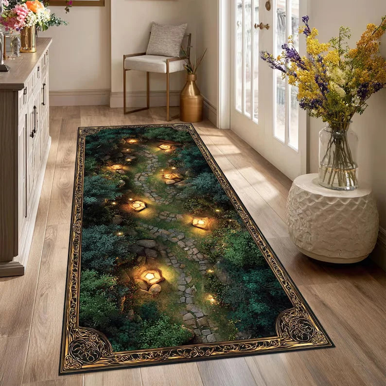 tapis fantastique paysage automnal lumières scintillantes rochers plantes vert bleu orange