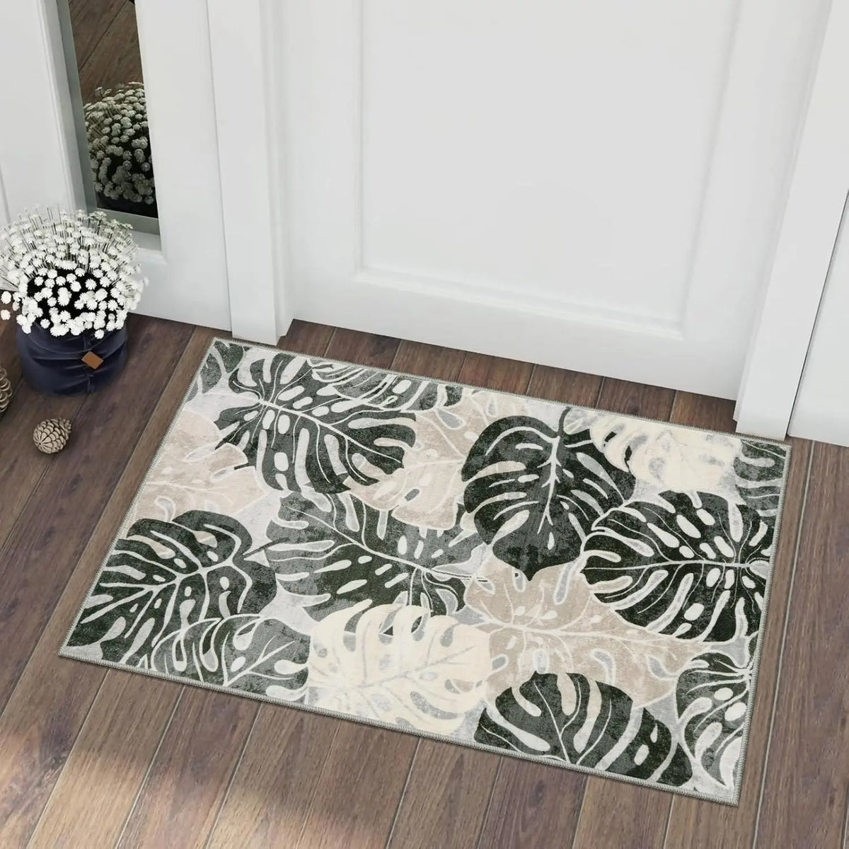 tapis sol antidérapant feuilles tropicales moderne bleu vert beige blanc