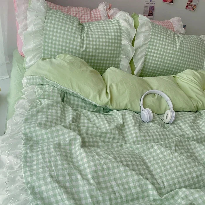 ensemble literie carreaux bleu clair rose doux opacité pièces housses oreillers couvre lit